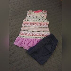 Colorful Patterned Sleeveless Top and Dark Shorts Set